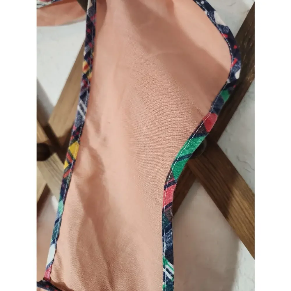 Vintage Handmade Womens Full Bib Apron Peach Floral Trim Pocket Cottagecore